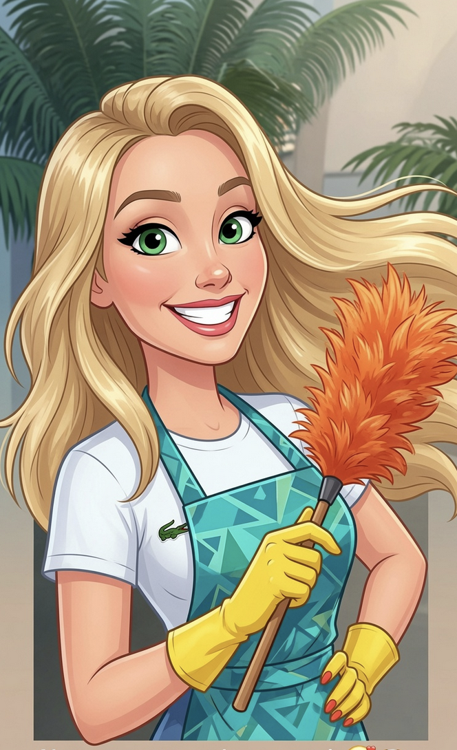Friendly blonde cleaning lady with a feather duster